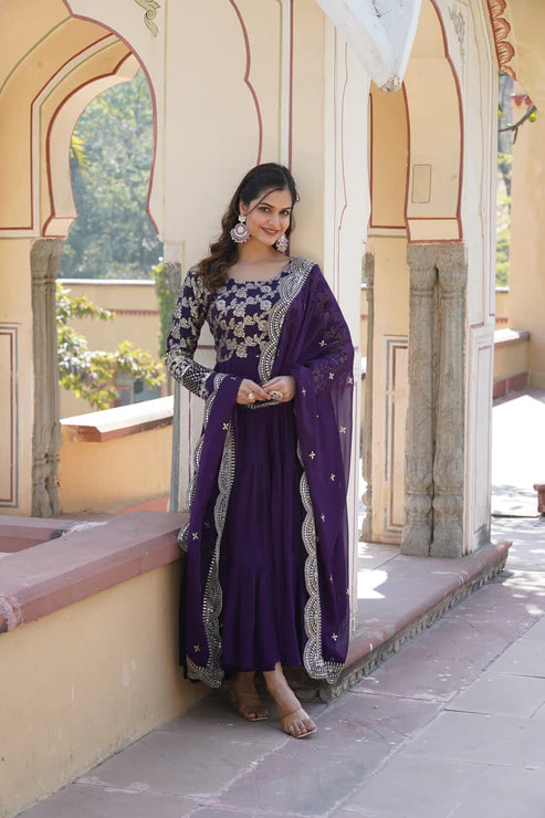 Faux Blooming gown with Viscose Dyable Jacquard With Sequins Embroidered Work Faux Blooming Dupatta(WD169)