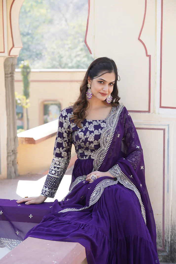 Faux Blooming gown with Viscose Dyable Jacquard With Sequins Embroidered Work Faux Blooming Dupatta(WD169)