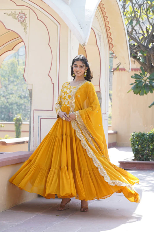 Faux Blooming gown with Viscose Dyable Jacquard With Sequins Embroidered Work Faux Blooming Dupatta(WD38) (01)