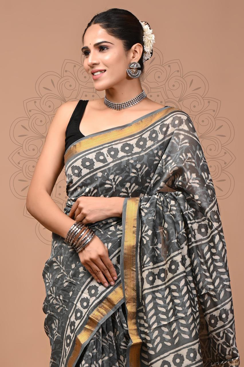 Exclusive Hand Block Printed Maheshwari Silk Saree (SWSRMAH01)