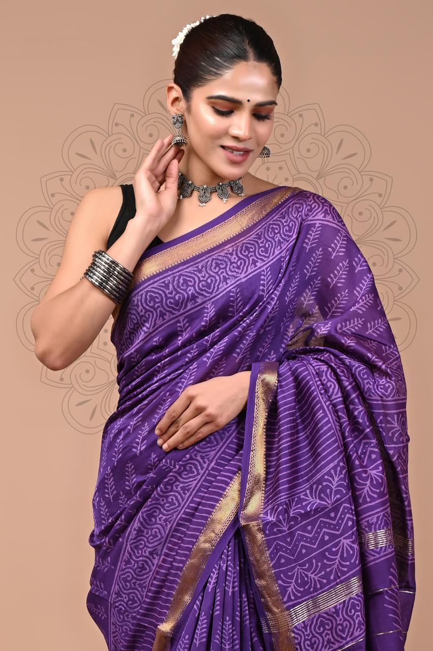 Exclusive Hand Block Printed Maheshwari Silk Saree (SWSRMAH01)