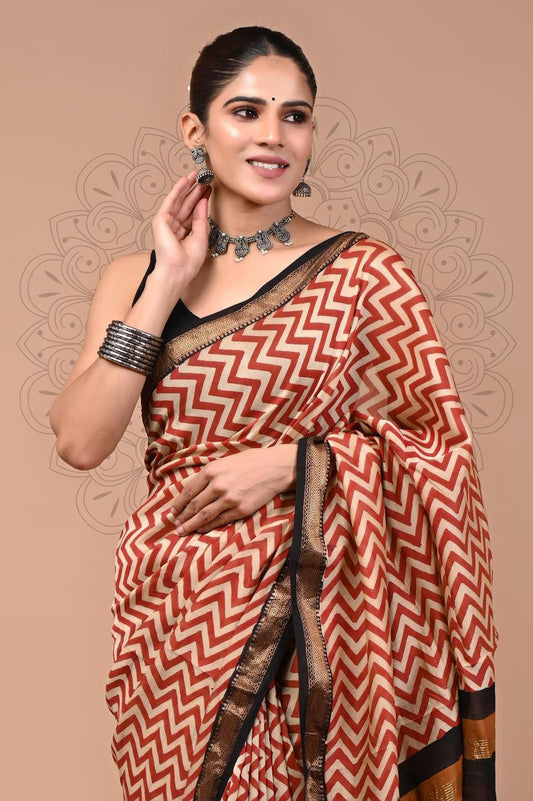 Exclusive Hand Block Printed Maheshwari Silk Saree (SWSRMAH01)