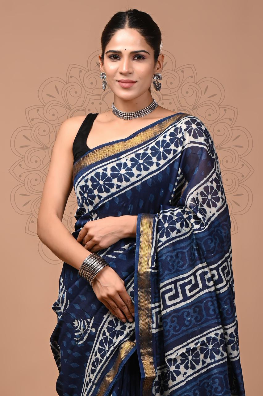 Exclusive Hand Block Printed Maheshwari Silk Saree (SWSRMAH01)