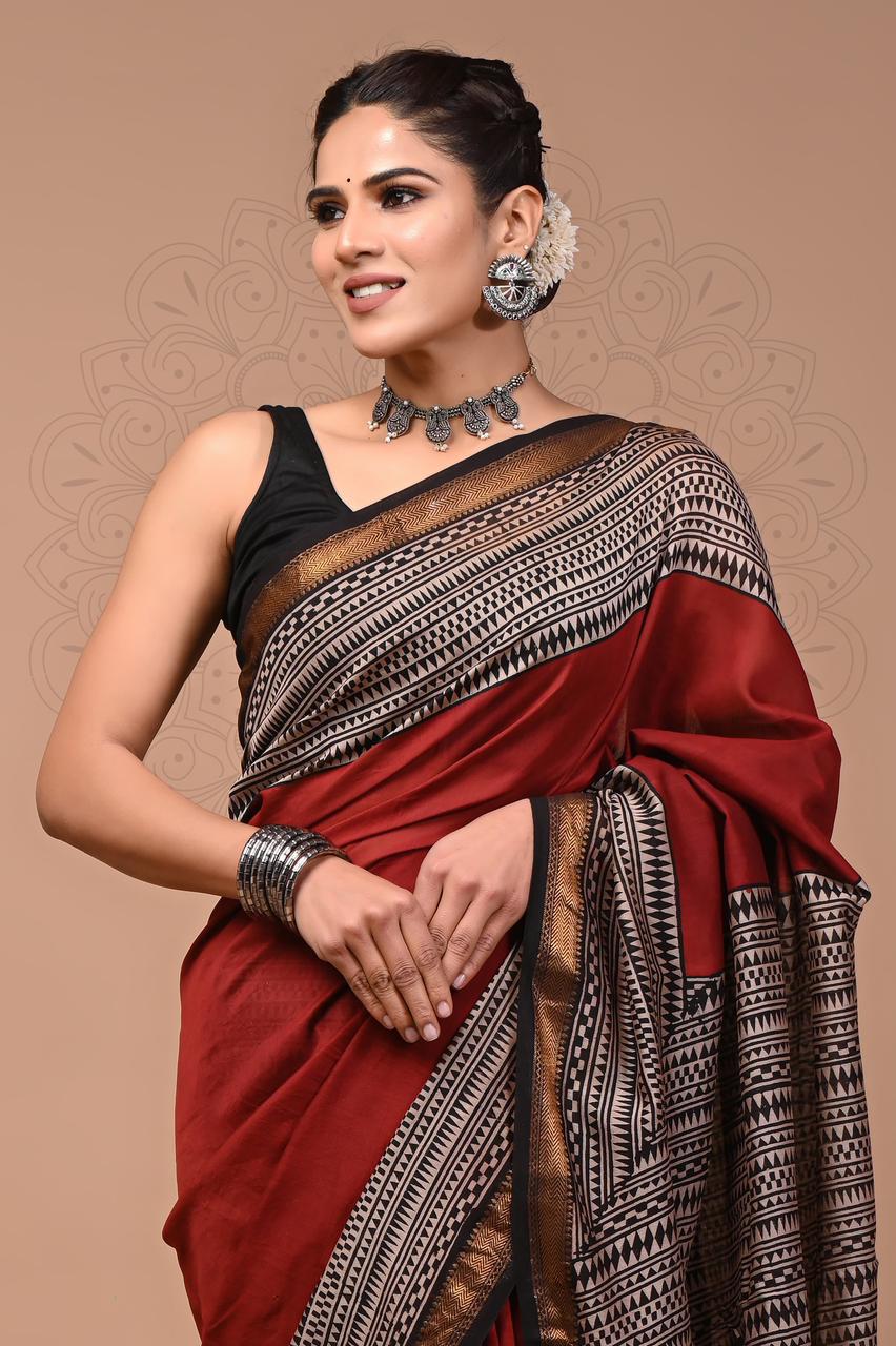 Exclusive Hand Block Printed Maheshwari Silk Saree (SWSRMAH01)