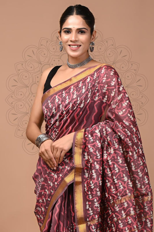 Exclusive Hand Block Printed Maheshwari Silk Saree (SWSRMAH01)