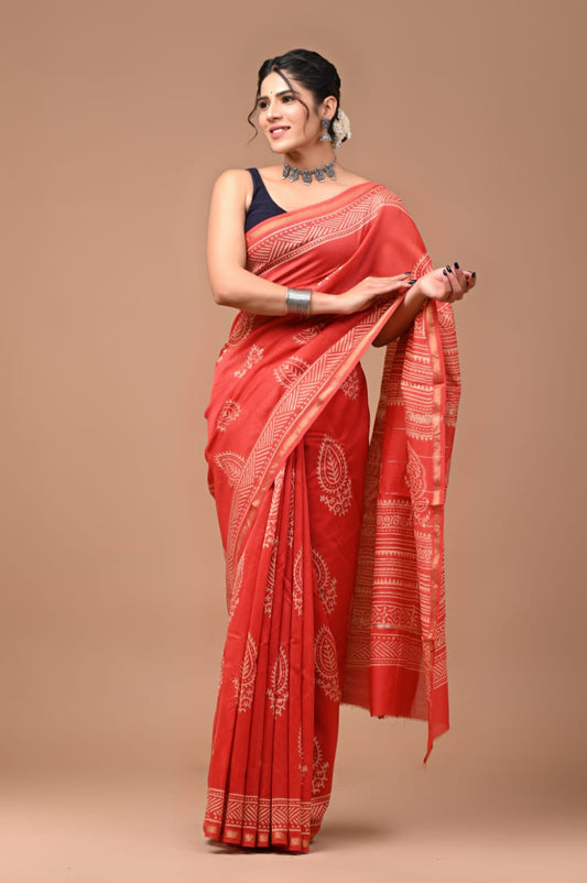 Premium Hand Block Printed Chanderi Silk Saree