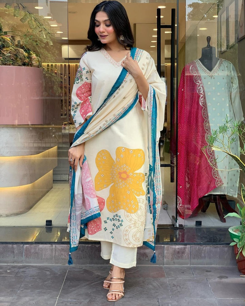 Launching Summer Cool, Comfortable And Attractive Softest Muslin Suit Set Which Is Beautifully Decorated With Hand Embroidery And Thread Work. It Is Paired With Matching Pants And Dupatta