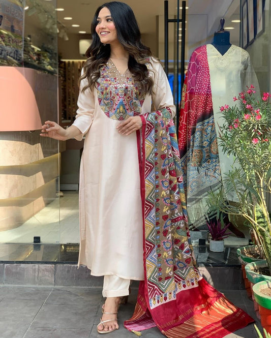 LAUNCHING EXTREMELY ELEGANT PREMIUM SILK SUIT SET WHICH IS BEAUTIFULLY DECORATED WITH ATTRACTIVE HANDWORK(SWRED21)