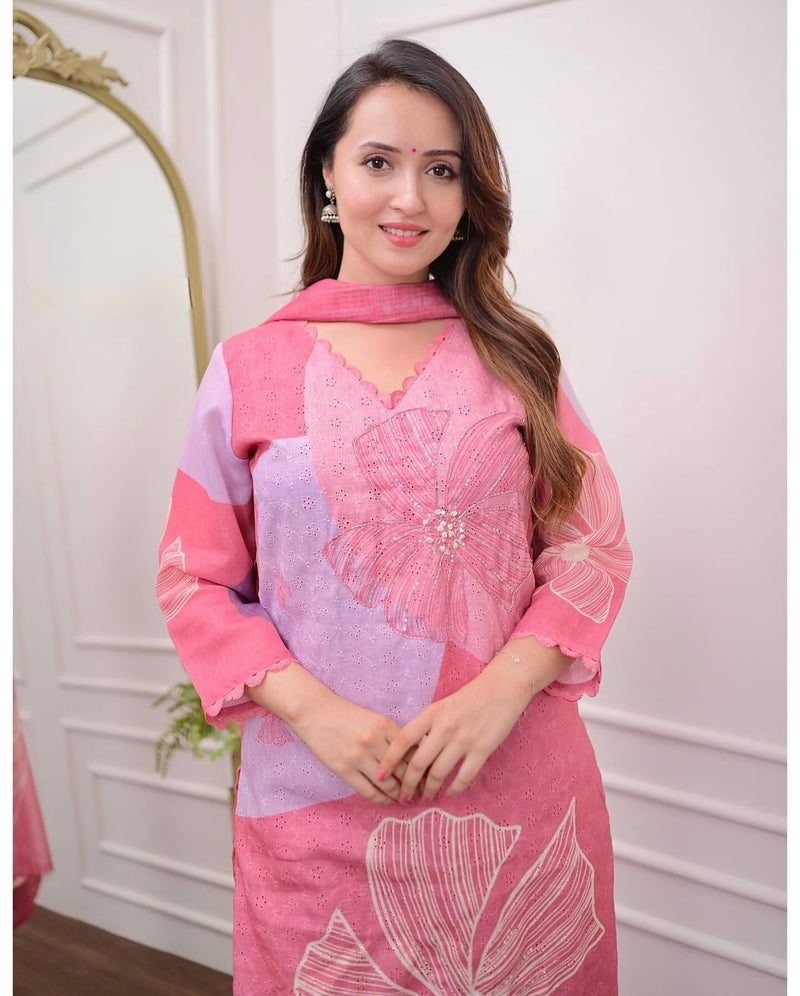 NEW SHIFLI  LUNCHING LINEN SUIT SET HEVAY SHIFLI FABRIC DIGITAL PRINTING HAND WORK FULL NECK LACE