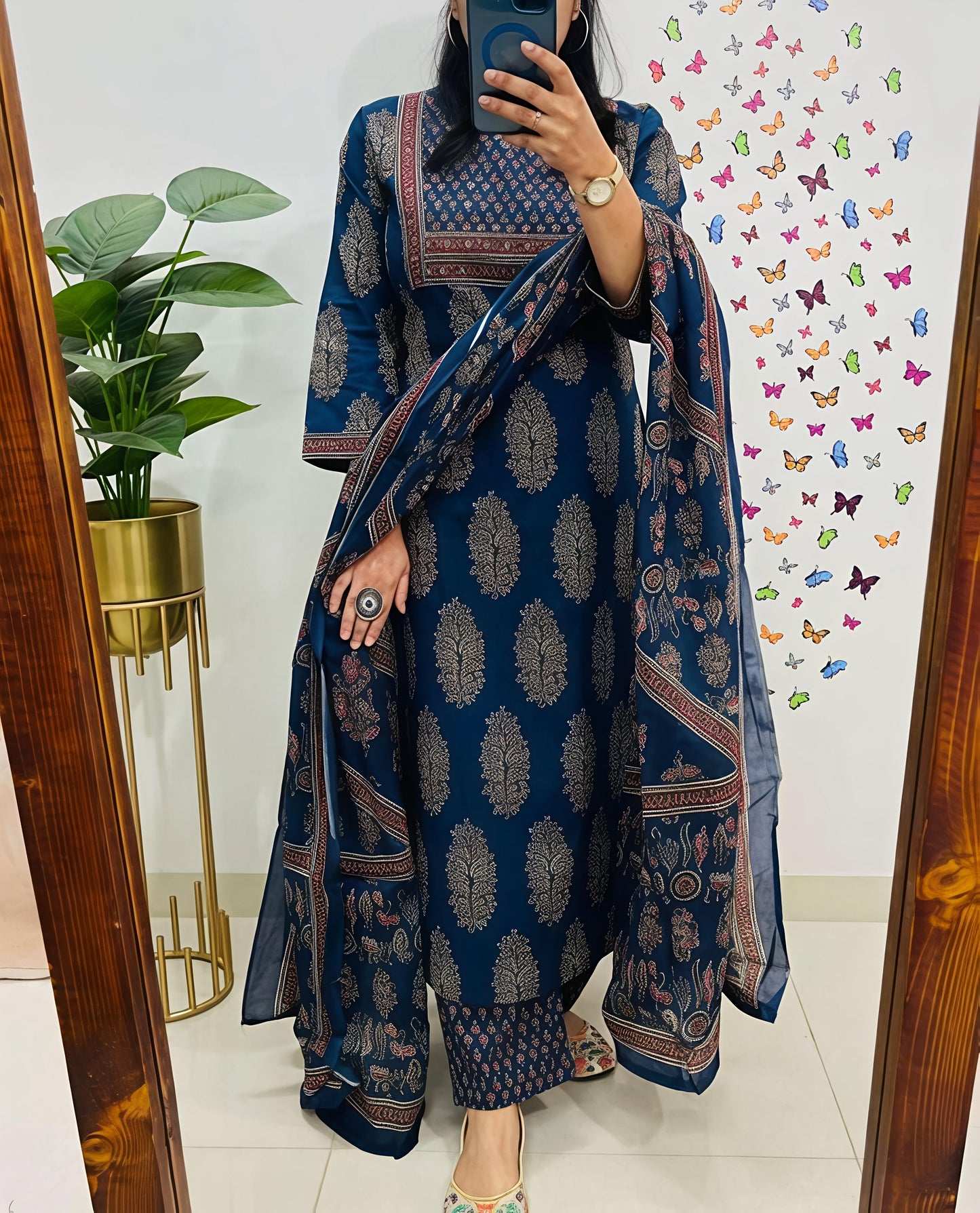 New Ajrakh Print Straight Kurta 3 pcs set with new style (SWSK47)