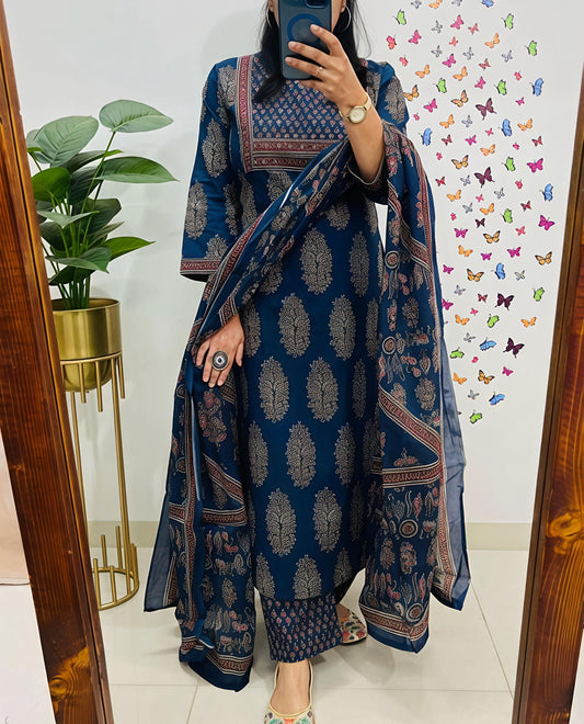 New Ajrakh Print Straight Kurta 3 pcs set with new style (SWSK47)