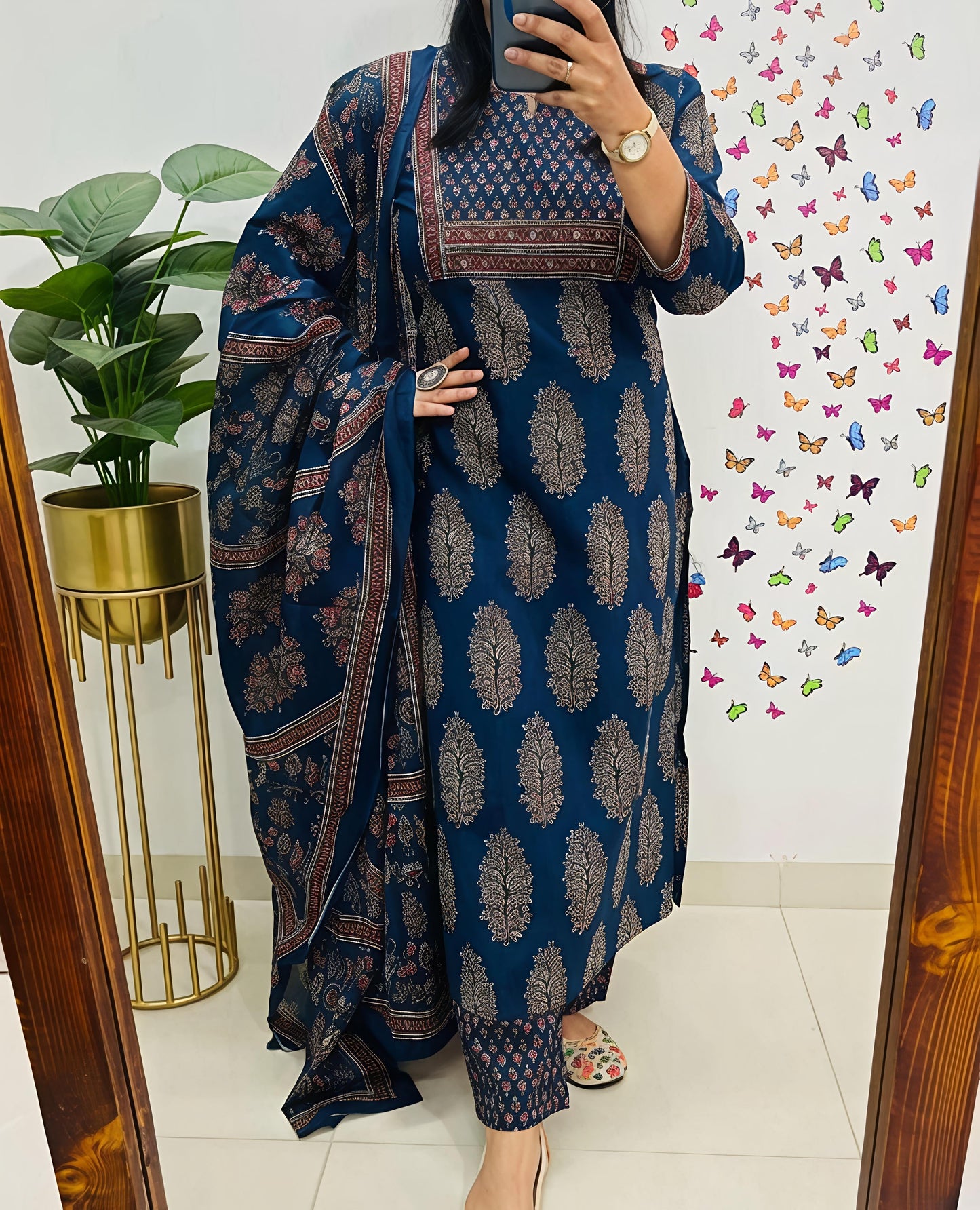 New Ajrakh Print Straight Kurta 3 pcs set with new style (SWSK47)