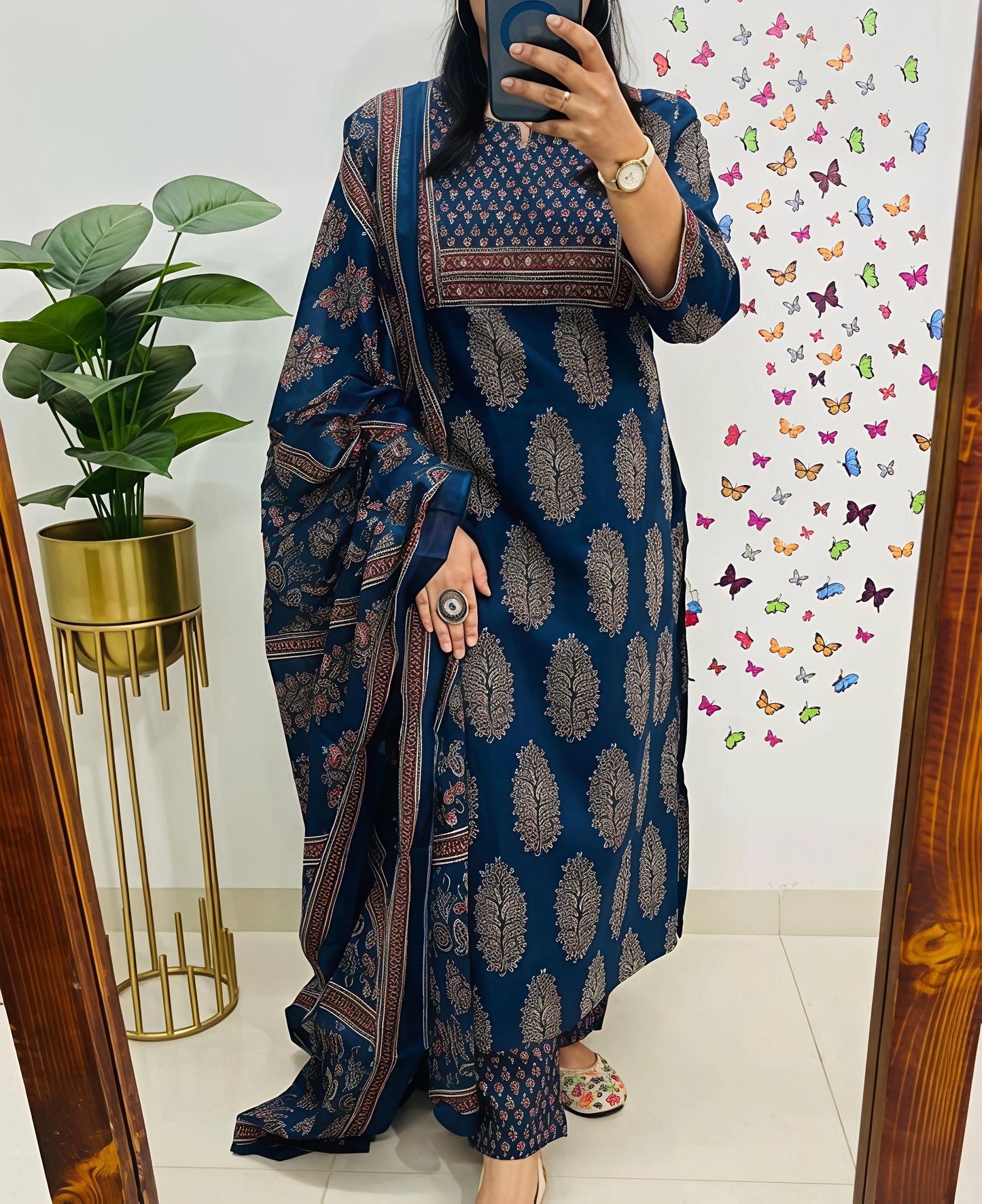 New Ajrakh Print Straight Kurta 3 pcs set with new style (SWSK47)