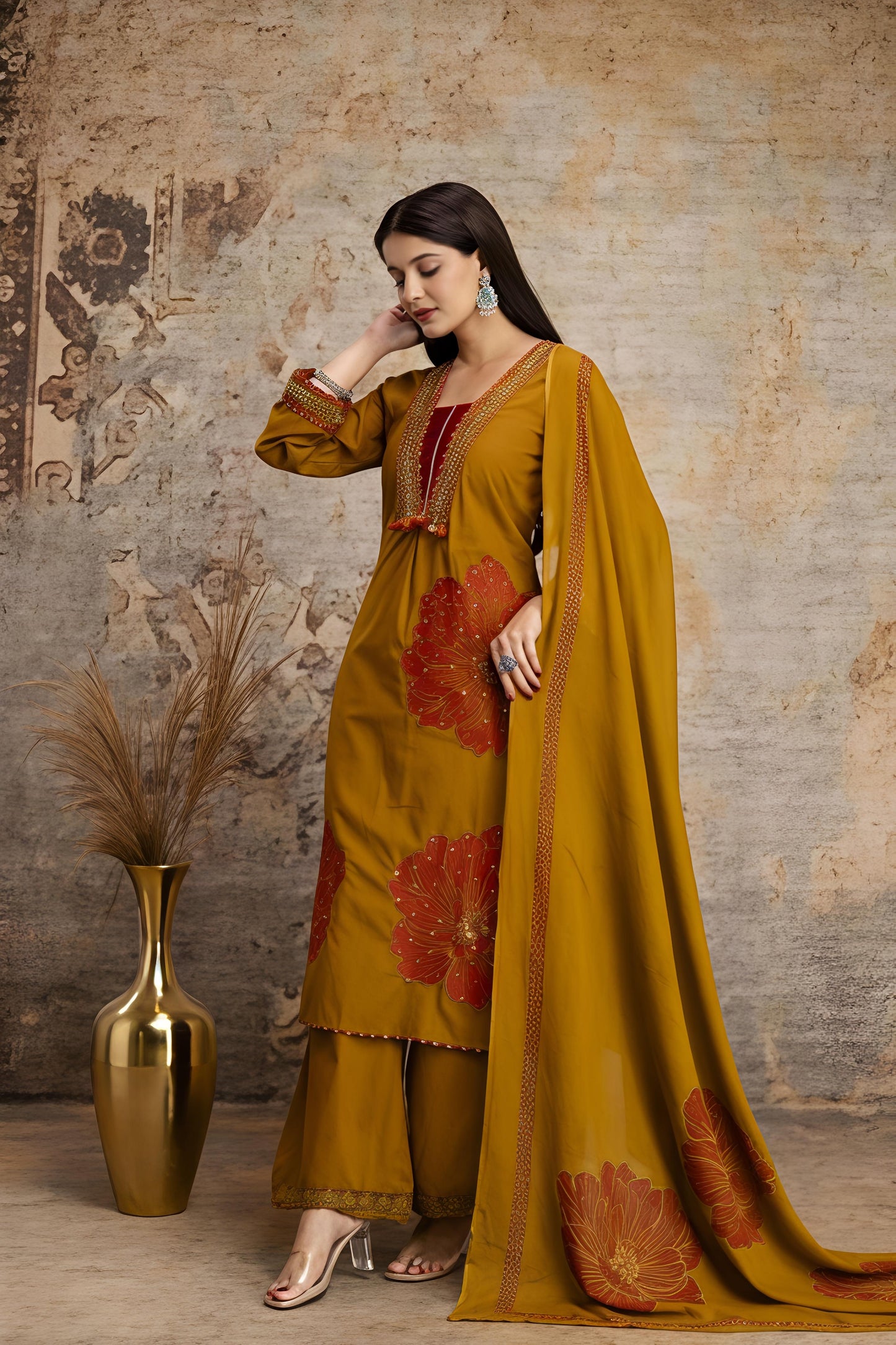 Mustard Yellow Floral Printed Kurta Palazzo Set with Dupatta (RD32)