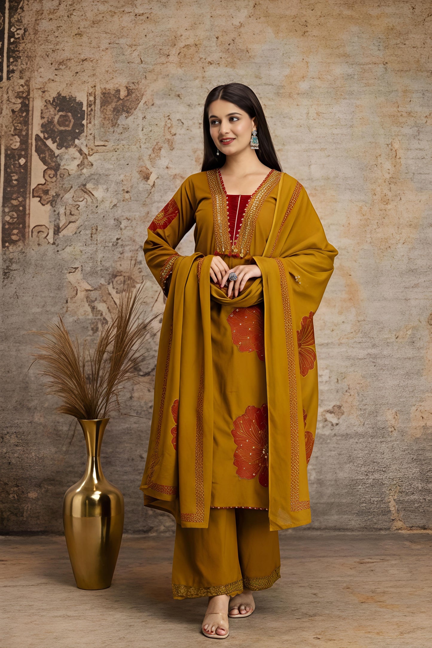 Mustard Yellow Floral Printed Kurta Palazzo Set with Dupatta (RD32)