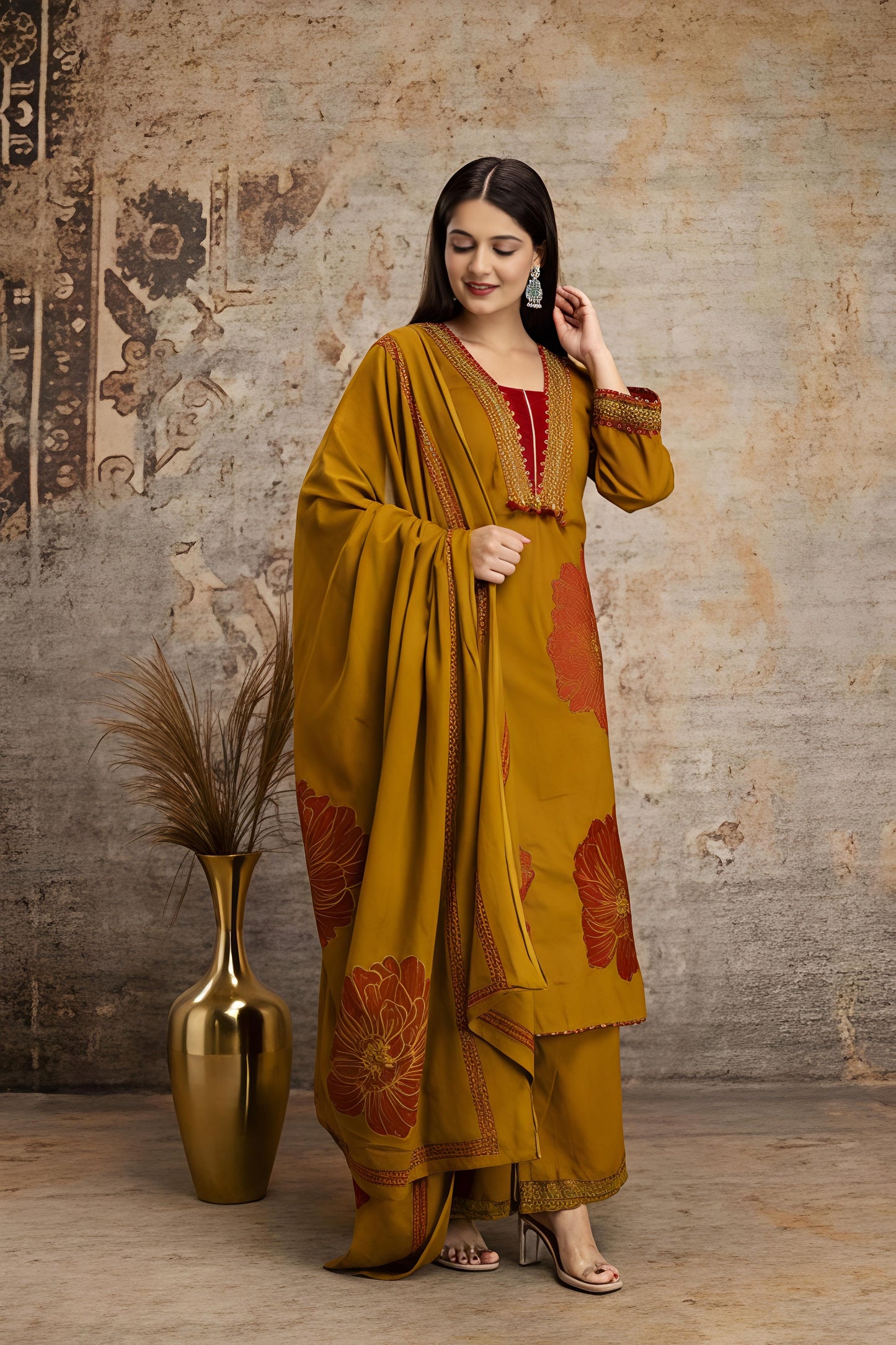 Mustard Yellow Floral Printed Kurta Palazzo Set with Dupatta (RD32)
