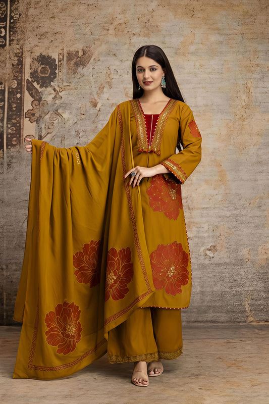 Mustard Yellow Floral Printed Kurta Palazzo Set with Dupatta (RD32)