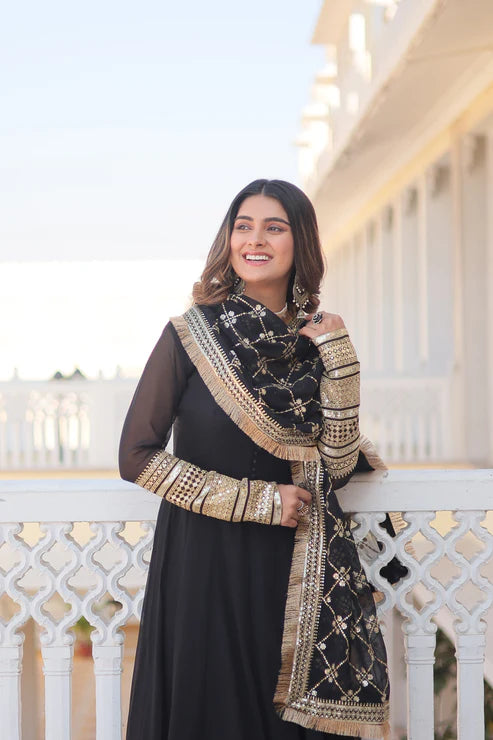 Faux Blooming Gown with Dupatta With Attractive Embroidered Sequins work with Lace Border(WD27)