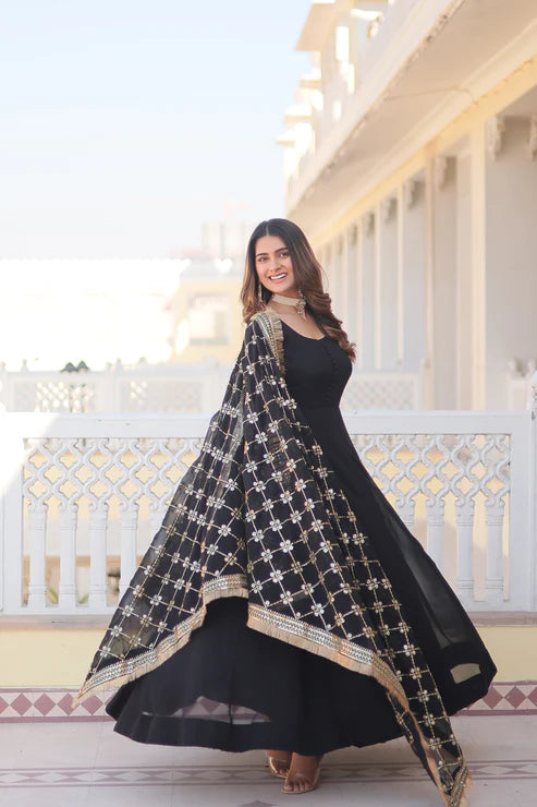 Faux Blooming Gown with Dupatta With Attractive Embroidered Sequins work with Lace Border(WD27)