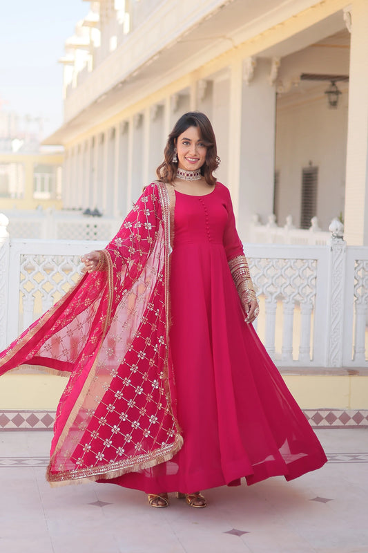 Faux Blooming Gown with Dupatta With Attractive Embroidered Sequins work with Lace Border(WD27) (02)