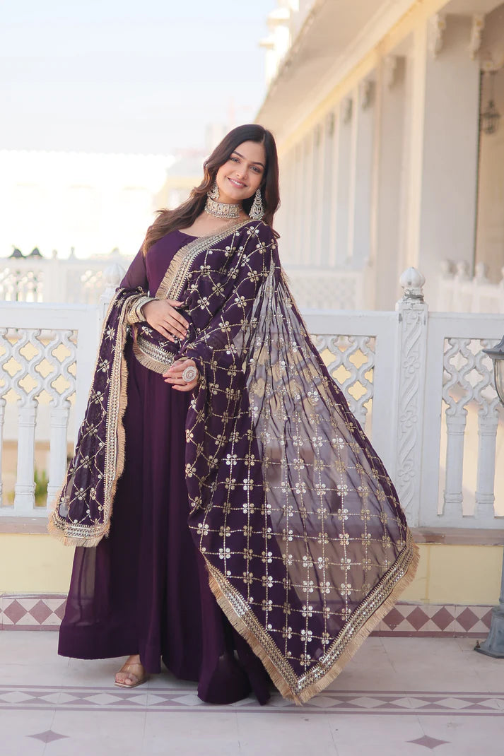 Faux Blooming Gown with Dupatta With Attractive Embroidered Sequins work with Lace Border(WD27) (01)