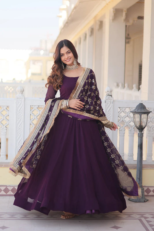 Faux Blooming Gown with Dupatta With Attractive Embroidered Sequins work with Lace Border(WD27) (01)