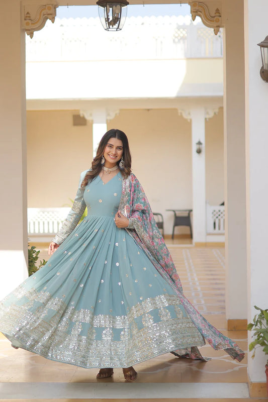 Faux Georgette with Embroidery Zari Sequins-work premium gown(WD18) (01)