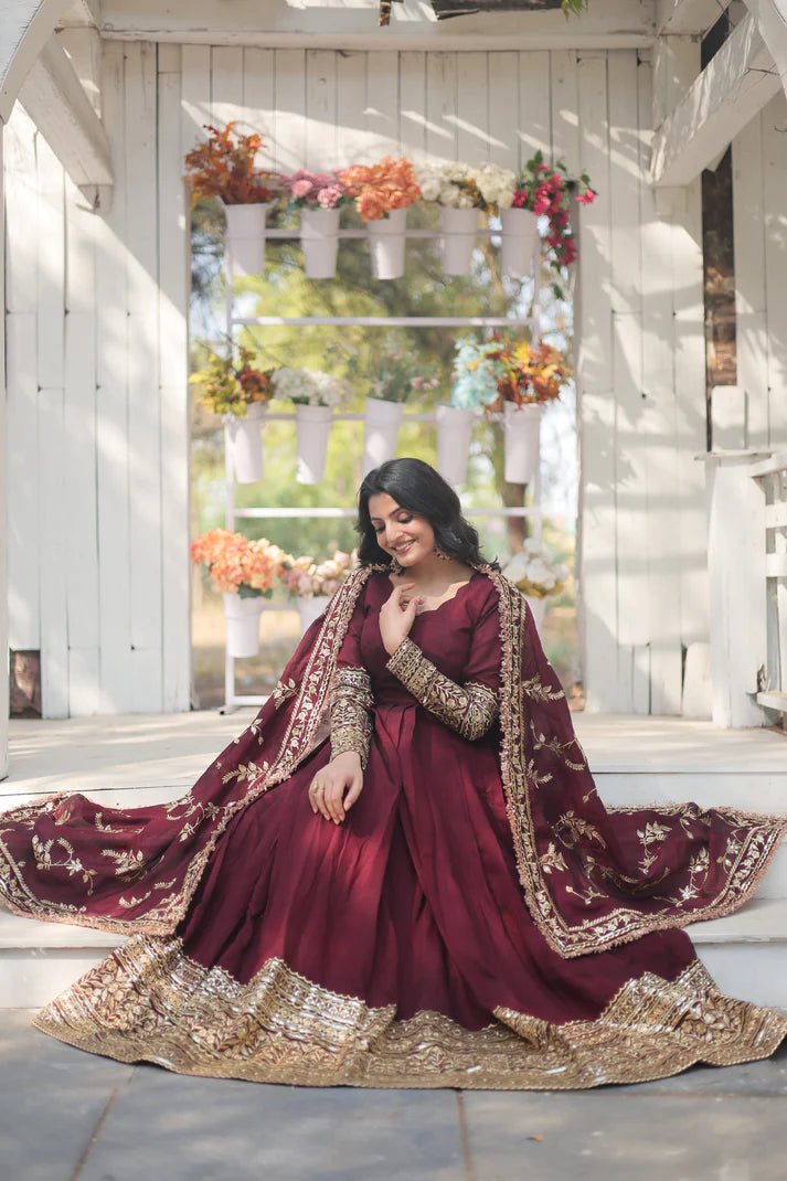 WOMENSAVTAR DARK MAROON HEAVY SEQUINS EMBROIDERY WORK GOWN WITH DUPATTA