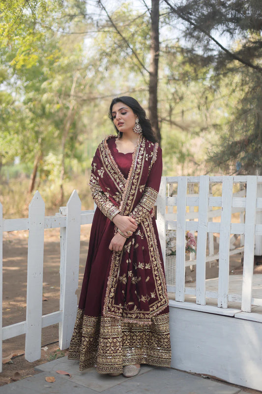 DARK MAROON HEAVY SEQUINS EMBROIDERY WORK GOWN WITH DUPATTA(WD149)