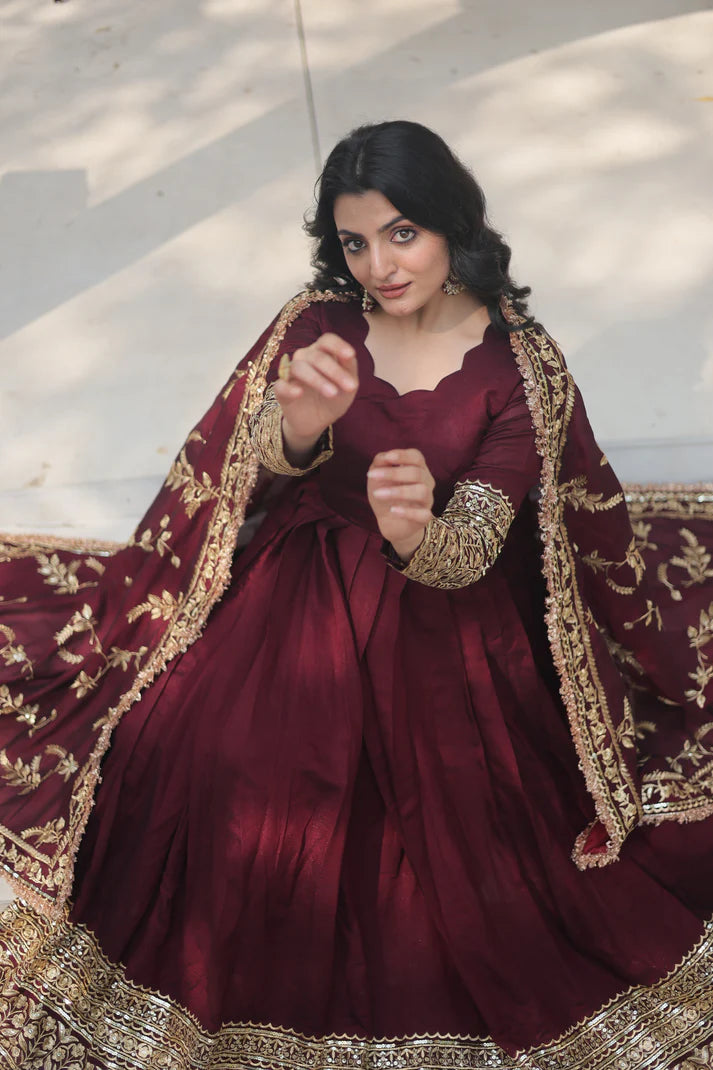 WOMENSAVTAR DARK MAROON HEAVY SEQUINS EMBROIDERY WORK GOWN WITH DUPATTA