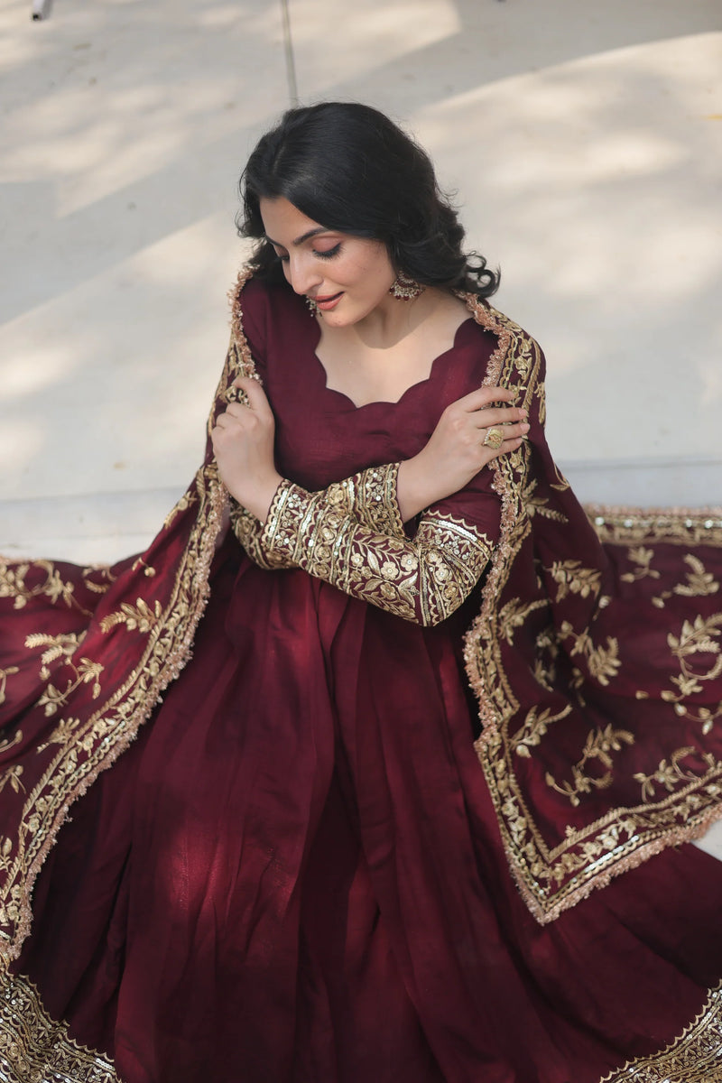 WOMENSAVTAR DARK MAROON HEAVY SEQUINS EMBROIDERY WORK GOWN WITH DUPATTA