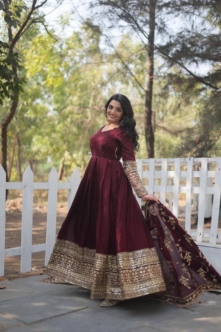 WOMENSAVTAR DARK MAROON HEAVY SEQUINS EMBROIDERY WORK GOWN WITH DUPATTA