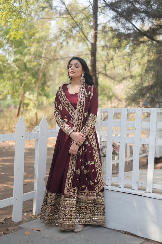 DARK MAROON HEAVY SEQUINS EMBROIDERY WORK GOWN WITH DUPATTA(WD14)