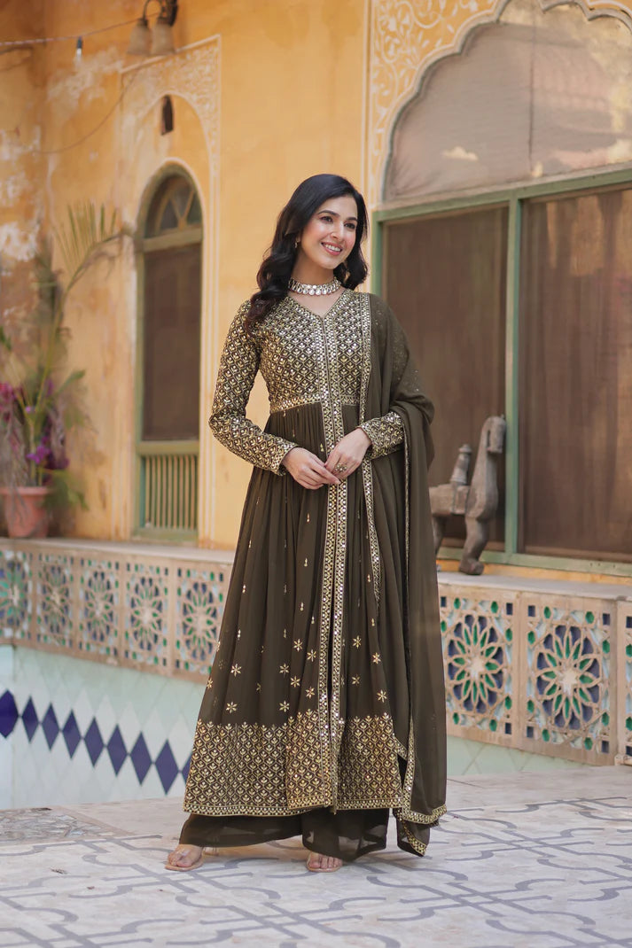 WEDDING SPECIAL FAUX GEORGETTE EMBROIDERED GOWN WITH BOTTOM AND DUPATTA(WD58)