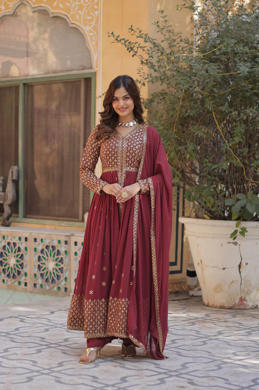 WEDDING SPECIAL FAUX GEORGETTE EMBROIDERED GOWN WITH BOTTOM AND DUPATTA(WD58) (01)