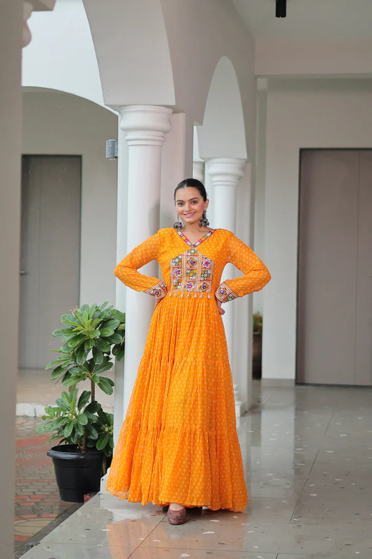 NAVRATRI SPECIAL BANDHANI PRINT GOWN WITH KUTCHI PATCHWORK (WD181)