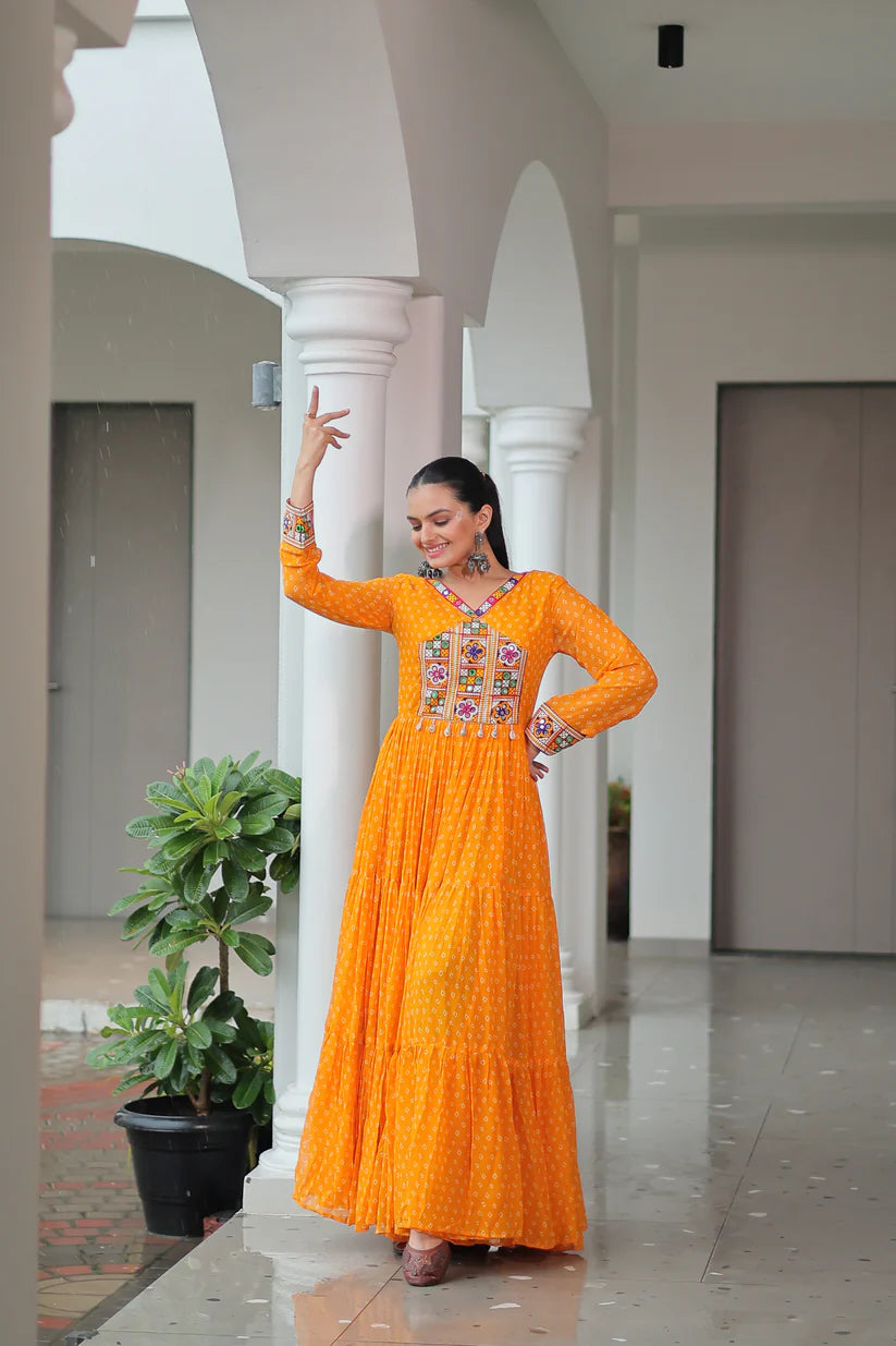NAVRATRI SPECIAL BANDHANI PRINT GOWN WITH KUTCHI PATCHWORK (WD181)