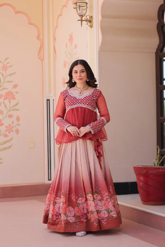 FESTIVAL SPECIAL COSMOS WITH PRINT CHIFFON BEADS EMBROIDERED LEHENGA CHOLI(WD188) 01