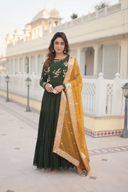 Womensavtar Premium Faux Georgette Gown with Russian silk Dupatta With Adorable Embroidered thread work