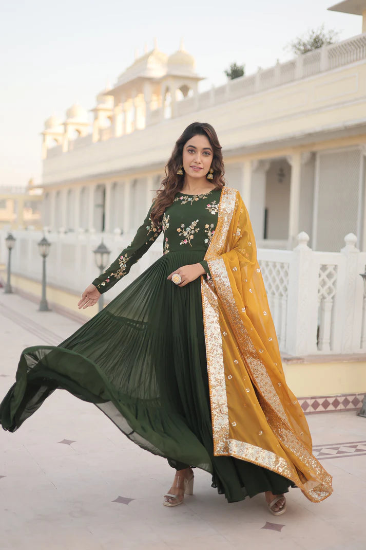 Womensavtar Premium Faux Georgette Gown with Russian silk Dupatta With Adorable Embroidered thread work