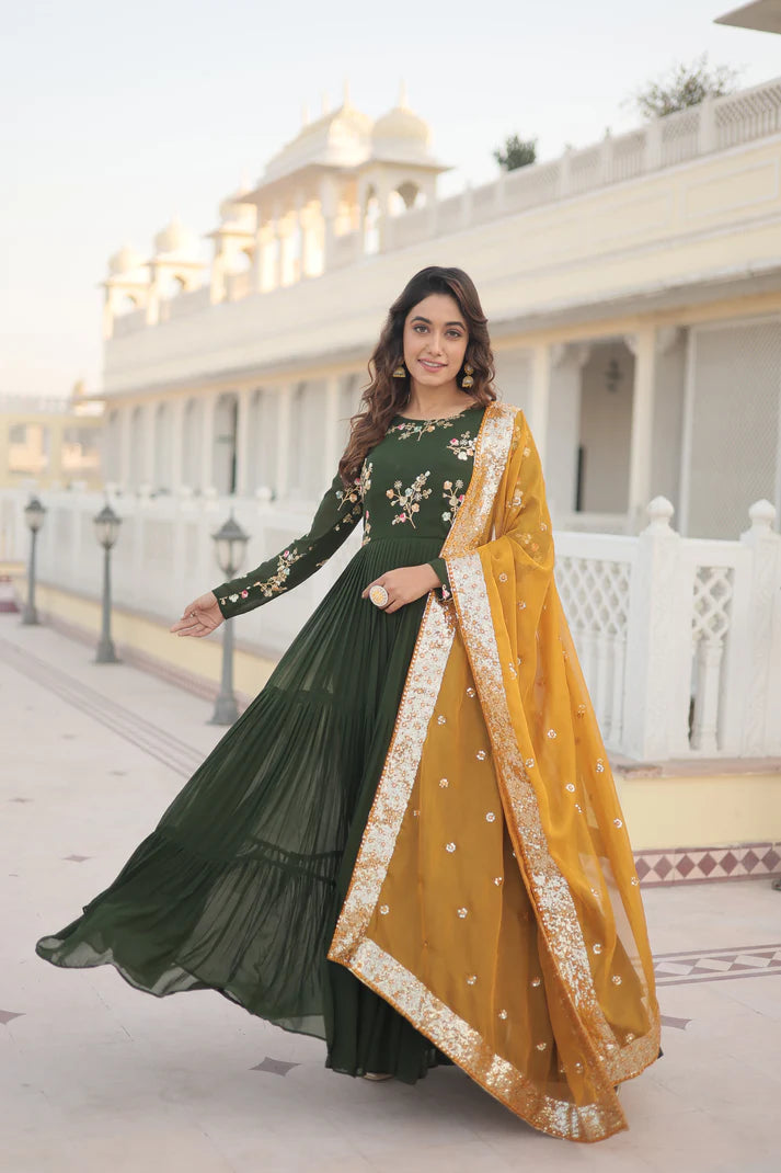 Womensavtar Premium Faux Georgette Gown with Russian silk Dupatta With Adorable Embroidered thread work