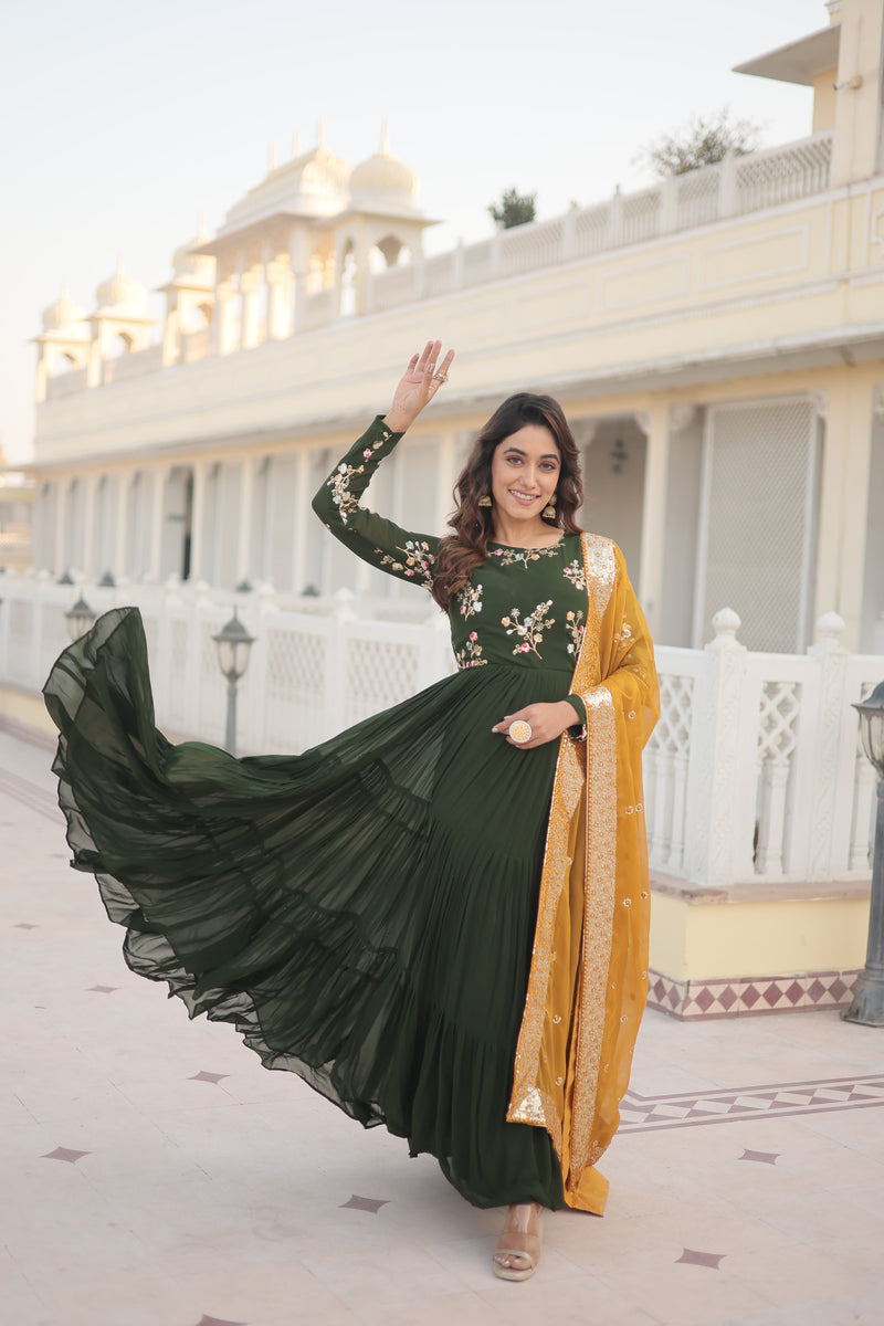 Tilton Premium Faux Georgette Gown with Russian silk Dupatta With Adorable Embroidered thread work