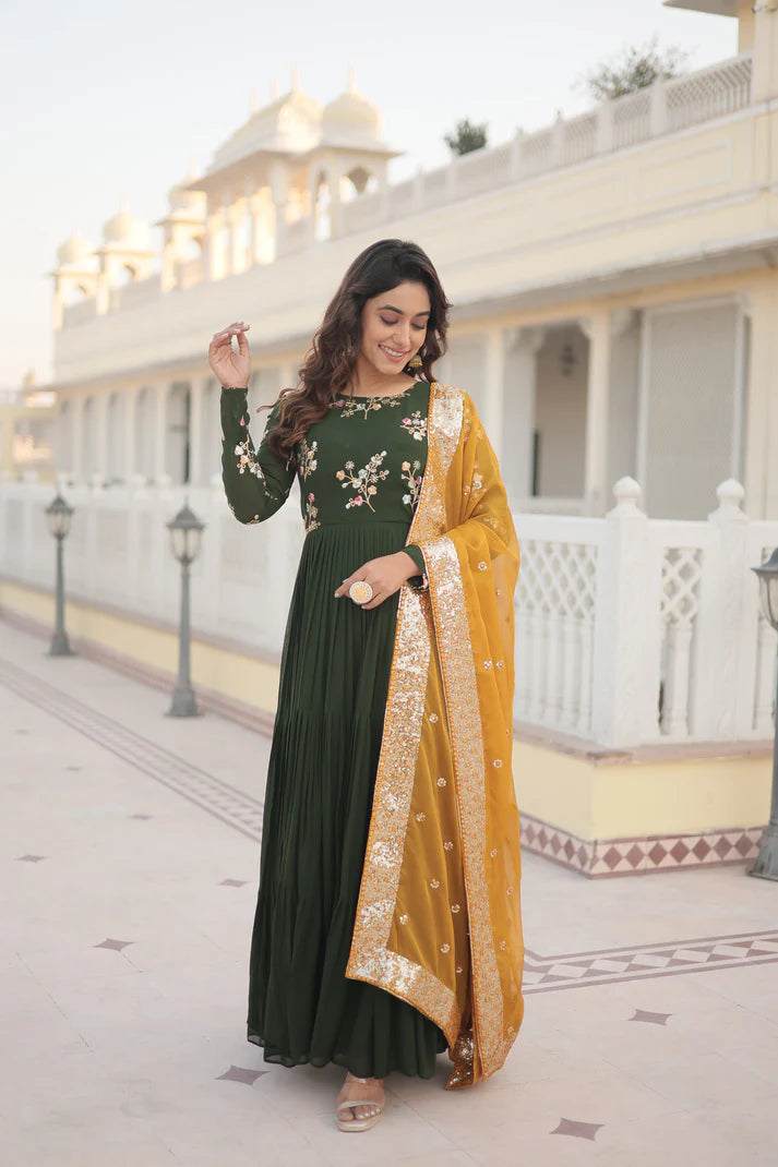 Womensavtar Premium Faux Georgette Gown with Russian silk Dupatta With Adorable Embroidered thread work