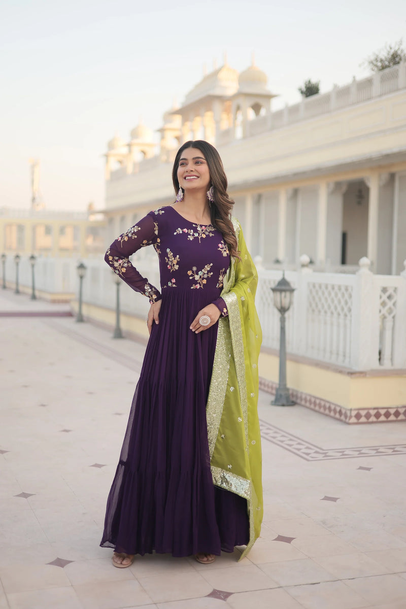 Womensavtar Premium Faux Georgette Gown with Russian silk Dupatta With Adorable Embroidered thread work