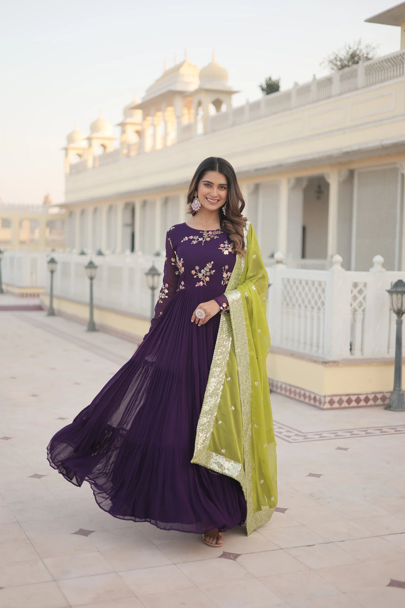 Womensavtar Premium Faux Georgette Gown with Russian silk Dupatta With Adorable Embroidered thread work