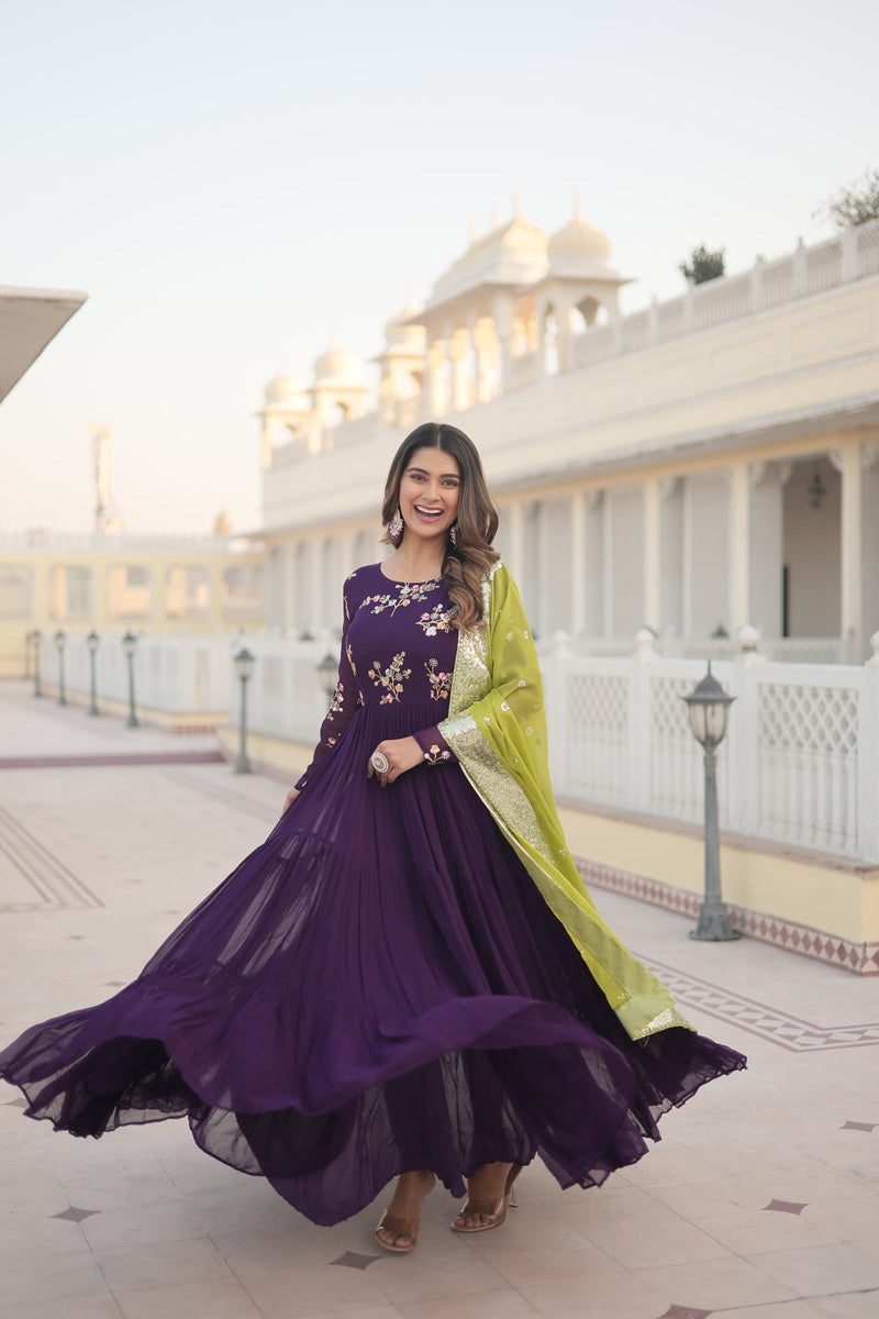 Tilton Premium Faux Georgette Gown with Russian silk Dupatta With Adorable Embroidered thread work