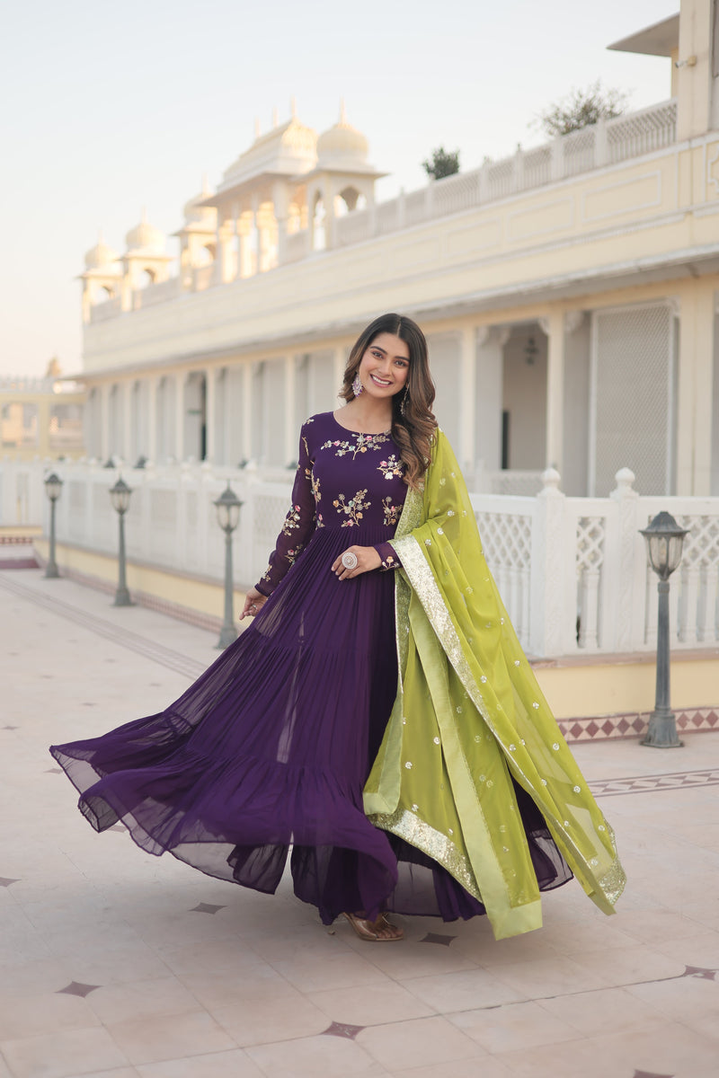 Tilton Premium Faux Georgette Gown with Russian silk Dupatta With Adorable Embroidered thread work