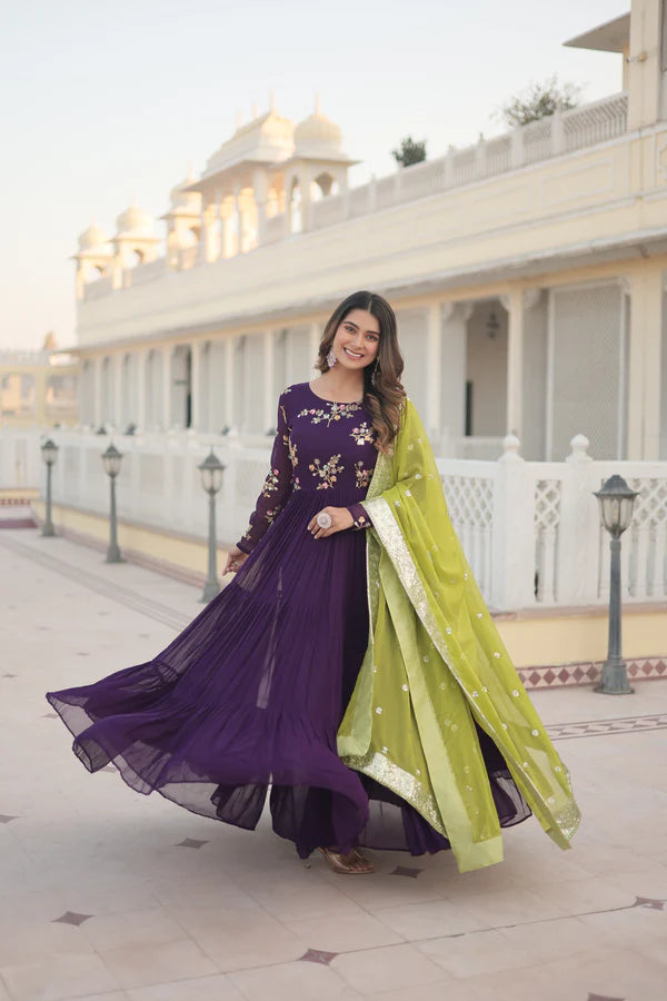 Womensavtar Premium Faux Georgette Gown with Russian silk Dupatta With Adorable Embroidered thread work