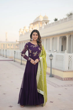 Womensavtar Premium Faux Georgette Gown with Russian silk Dupatta With Adorable Embroidered thread work