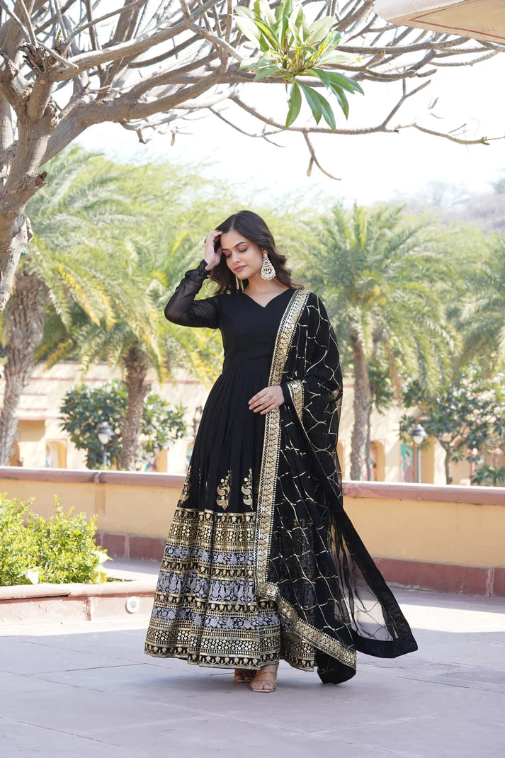 WOMENSAVTAR SEQUINS EMBROIDERED WORK GOWN WITH DUPATTA SET